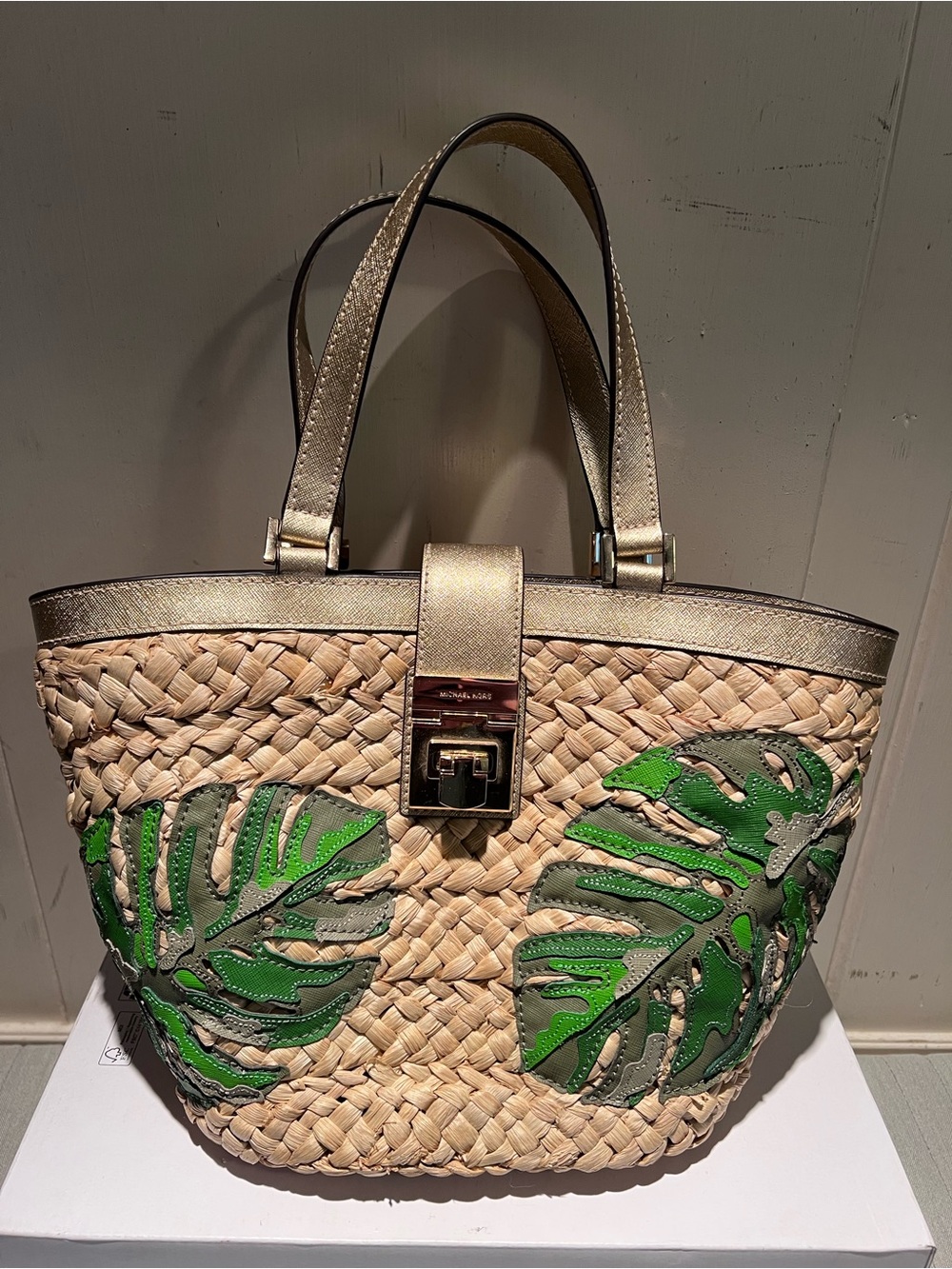 Michael Kors Straw Tote with palm Leaf Appliqués and Gold Trim